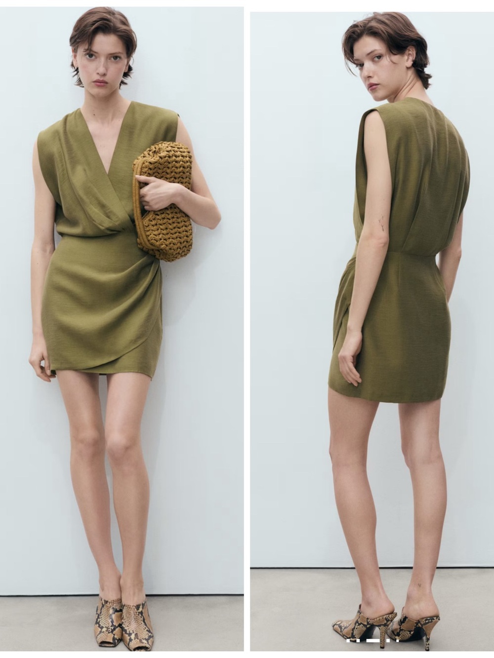 Mango Lyocell Rap Olive Green Sleeveless Draped Mini Dress